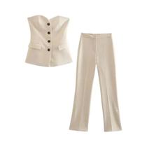 Conjunto De Calças Slim Fit Sem Alças Bege Para Mulheres, Cintura Alta, Perna Reta, Traje De