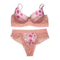 Conjunto de Calcinha e Sutiã Rendado Com Bojo Floral Lingerie Charmosa