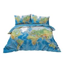 Conjunto de cama com design de mapa mundi, capa de edredom decorativa de 3 peças com 2 fronhas
