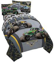 Conjunto de cama de solteiro Jay franco Monster Jam MJ Life de 4 peças - inclui edredom reversível e conjunto de lençóis - roupa de cama apresenta coveiro, Max-D, microfibra supermacia Megalodon - (produto oficial Monster Jam)