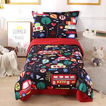 Conjunto de cama Wowelife Toddler 4 peças conjunto de cama de criança preta com edredom, lençol plano, lençol embutido e fronha (transporte preto)
