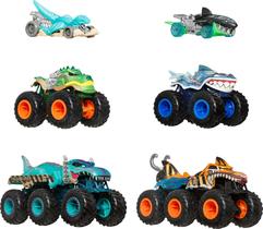 Conjunto de caminhões de brinquedo Hot Wheels Sharks vs Dinos de 6 peças 1:64 Conjunto de caminhões de brinquedo Hot Wheels Sharks vs Dinos de 6 peças 1:64