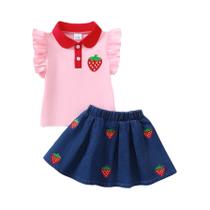 Conjunto De Camisa Casual Com Padrão Bordado De Morango E Saia Curta Para Bebê Menina Conjunto De Camisa Casual Com Padrão Bordado De Morango E Saia Curta Para Bebê Menina