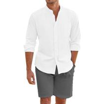 Conjunto De Camisa De Linho De Algodão Para O Verão Masculino Com Calças Curtas E Cardigan Casual