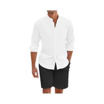 Conjunto De Camisa De Linho De Algodão Para O Verão Masculino Com Calças Curtas E Cardigan, Roupas