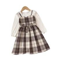 Conjunto De Camisa De Manga Longa Xadrez Para Meninas Com Cinto E Chapéu Estampado 3-7 Anos Vestido