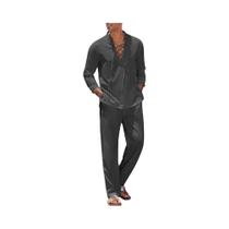 Conjunto De Camisa E Calças De Algodão E Linho Masculino Em Cor Sólida Para Praia, Traje De Férias Conjunto De Camisa E Calças De Algodão E Linho Masculino Em Cor Sólida Para Praia, Traje De Férias
