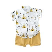Conjunto De Camisa E Shorts De Algodão Para Crianças Com Estampa De Verão, Manga Curta, Gola Alta, 2 Conjunto De Camisa E Shorts De Algodão Para Crianças Com Estampa De Verão, Manga Curta, Gola Alta, 2