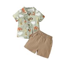 Conjunto De Camisa E Shorts De Verão Para Menino Com Estampa De Animais Em Cartoon, Manga Curta,