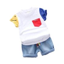 Conjunto De Camiseta De Algodão E Shorts De Denim Para Meninos Bebês Estilo Coreano Com Manga Curta Conjunto De Camiseta De Algodão E Shorts De Denim Para Meninos Bebês Estilo Coreano Com Manga Curta