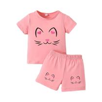 Conjunto De Camiseta De Manga Curta Com Estampa De Gato Para Menina E Shorts Casuais Para Esportes