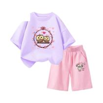 Conjunto De Camiseta E Shorts Com Estampa De Coruja Para Meninas, Roupa De Verão Com Estampa De