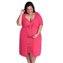 Conjunto de Camisola Plus Size Linda Gestante com Robe Maternidade Pink
