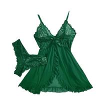 Conjunto De Camisola Verde Com Renda Para Mulheres, Pijamas Transparentes Com Decote Em V, Sutiã E