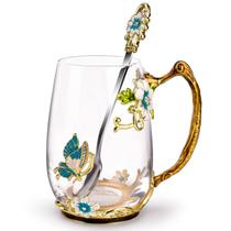 Conjunto de caneca de café de vidro OEAGO Butterfly Enamel com colher Conjunto de caneca de café de vidro OEAGO Butterfly Enamel com colher