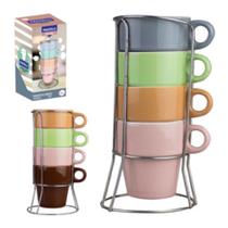 Conjunto de caneca de chá de porcelana colorida empilhavel com suporte 210ml - jogo de xícara - Fratelli