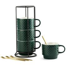 Conjunto de canecas de café LYEOBOH Porcelain 385mL com suporte e colheres