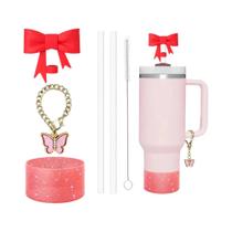 Conjunto De Canudo Com Charme De Borboleta Em Diamante De Silicone Brilhante Para Copo Stanley De