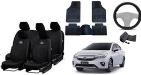 Conjunto de Capa de Couro para Honda City 19-24 + Tapete e Capa de Volante de Couro