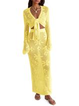 Conjunto de capa de natação Saodimallsu feminino de crochê com decote em V amarelo