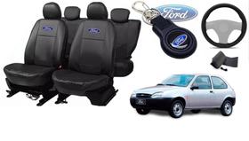 Conjunto de Capas de Banco em Couro Impermeável Fiesta 1995-2005 + Volante e Chaveiro - Premium