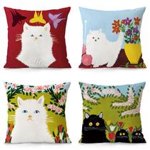 Conjunto de capas de travesseiro com tema de gato com design floral 45 x 45 cm (4 unidades)
