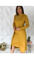 conjunto de cardigã e vestido mostarda M. canelado encerado