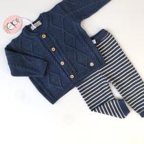 Conjunto De Cardigan Rubi Azul Índigo E Calça Listrada Conjunto De Cardigan Rubi Azul Índigo E Calça Listrada