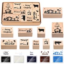 Conjunto de carimbos de borracha de Natal de madeira Woanger, kit de 15 unidades Conjunto de carimbos de borracha de Natal de madeira Woanger, kit de 15 unidades