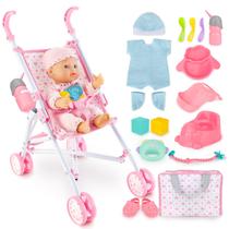 Conjunto de carrinho de bebê DeAO com boneca de 33 cm e 18 acessórios Conjunto de carrinho de bebê DeAO com boneca de 33 cm e 18 acessórios