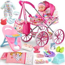Conjunto de carrinho de bebê YIYBM com boneca e acessórios de 12,5 polegadas Conjunto de carrinho de bebê YIYBM com boneca e acessórios de 12,5 polegadas