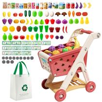 Conjunto de carrinho de compras Pretend Play Jovow, 102 unidades vermelhas e acessórios Conjunto de carrinho de compras Pretend Play Jovow, 102 unidades vermelhas e acessórios