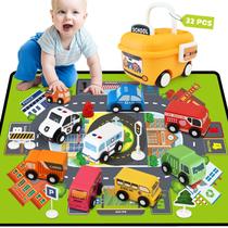 Conjunto de carros de brinquedo de madeira para menino com sinais de trânsito e tapete Conjunto de carros de brinquedo de madeira para menino com sinais de trânsito e tapete