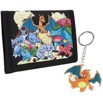 Conjunto de carteira e chaveiro Pokémon para crianças, carteira tripla