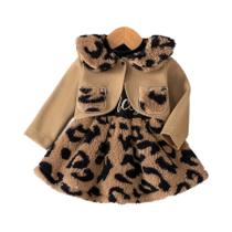 Conjunto De Casaco E Vestido De Pelúcia Com Estampa De Leopardo Para Menina, Quente E Estiloso, Duas Conjunto De Casaco E Vestido De Pelúcia Com Estampa De Leopardo Para Menina, Quente E Estiloso, Duas