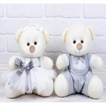 CONJUNTO DE CASAL URSO TEDDE 12cm - PAJEM CINZA E DAMINHA BRANCA DETALHE CINZA