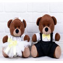 CONJUNTO DE CASAL URSO TEDDE 12cm - PAJEM PRETO E DAMINHA BRANCA PELUCIA MARROM