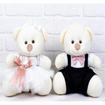 CONJUNTO DE CASAL URSO TEDDE 18cm - PAJEM PRETO E DAMINHA BRANCA PELUCIA PALHA