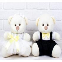 CONJUNTO DE CASAL URSO TEDDE 18cm - PAJEM PRETO E DAMINHA BRANCA PELUCIA PALHA