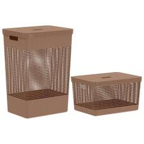Conjunto de Cesto de Roupa e Cesto Organizador Grid Marrom Amêndoa 20L - Ou
