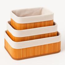 Conjunto de Cesto Organizadores Kit Com 3 Tamanhos PMG de Bambu Forro Removível em Tecido