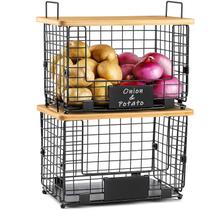 Conjunto de cestos de arame AOZITA XL empilhável com tampos de bambu, 2 unidades