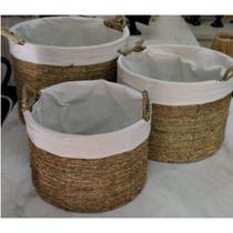 Conjunto de Cestos de Palha e Tecido Bege e Branco 3 Peças - RV Home e Design
