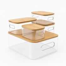 Conjunto de Cestos Organizadores Acrílico com Tampa de Bambu