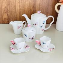 Conjunto de Chá e Café de Porcelana com Estampa de Borboletas 3 Peças Conjunto de Chá e Café de Porcelana com Estampa de Borboletas 3 Peças