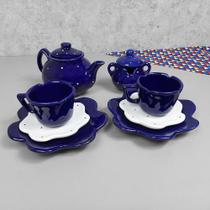 Conjunto De Chá Flor 4 Peças Cobalto Poá