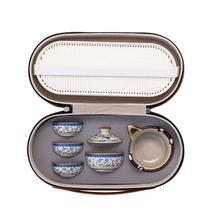 Conjunto de chá portátil de porcelana azul branca com estojo para copos de chá Conjunto de chá portátil de porcelana azul branca com estojo para copos de chá