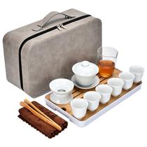 Conjunto de chá portátil Gongfu com estojo Gaiwan para 6 xícaras de cerâmica branca