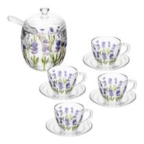 Conjunto De Chá Vidro 4 Xícaras 220ml Com Pires + Açucareiro