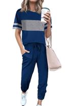 Conjunto de chándal PRETTYGARDEN de dos piezas para mujer, conjunto cómodo a rayas azul talla S